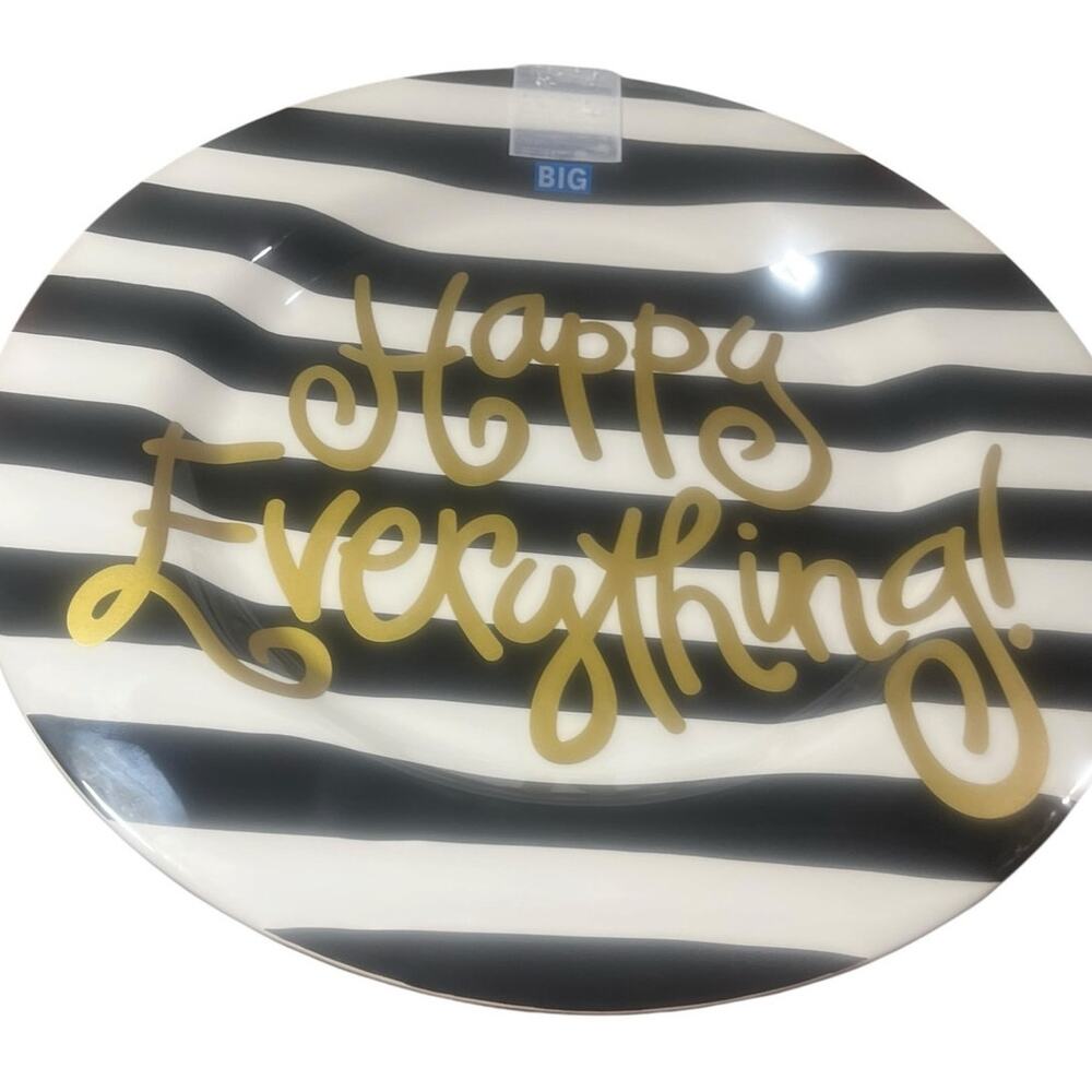 Happy Everything Black and White Stripe 17" Platter with Christmas House NWB